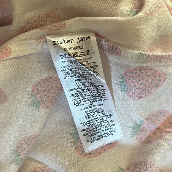 SOLD** Sister Jane Strawberry Court white silk red print bow tie blouse top M - Picture 8 of 9